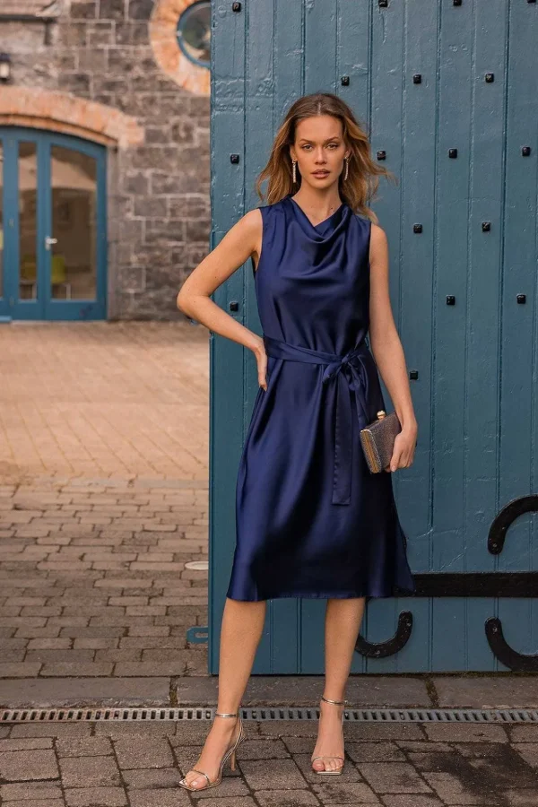 Navy Satin Cowl Neck Dress