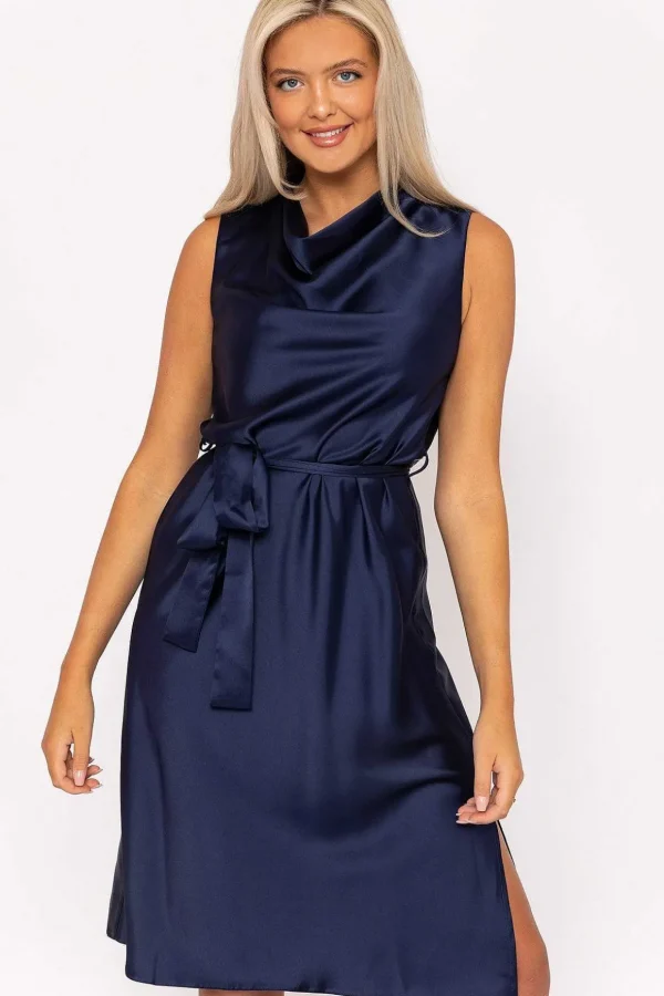 Navy Satin Cowl Neck Dress