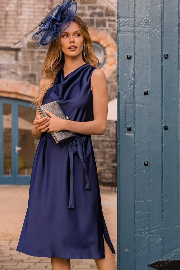 Navy Satin Cowl Neck Dress