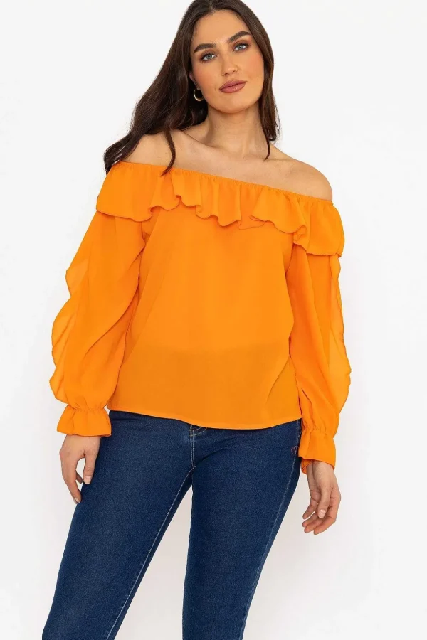 Orange Bardot Frill Top