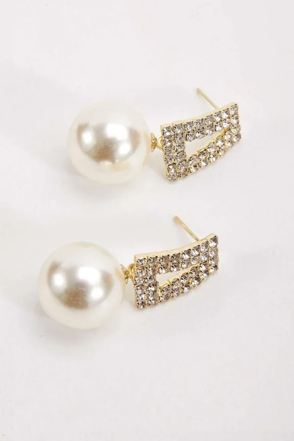 Pave Geometric Pearl Drop Earrings