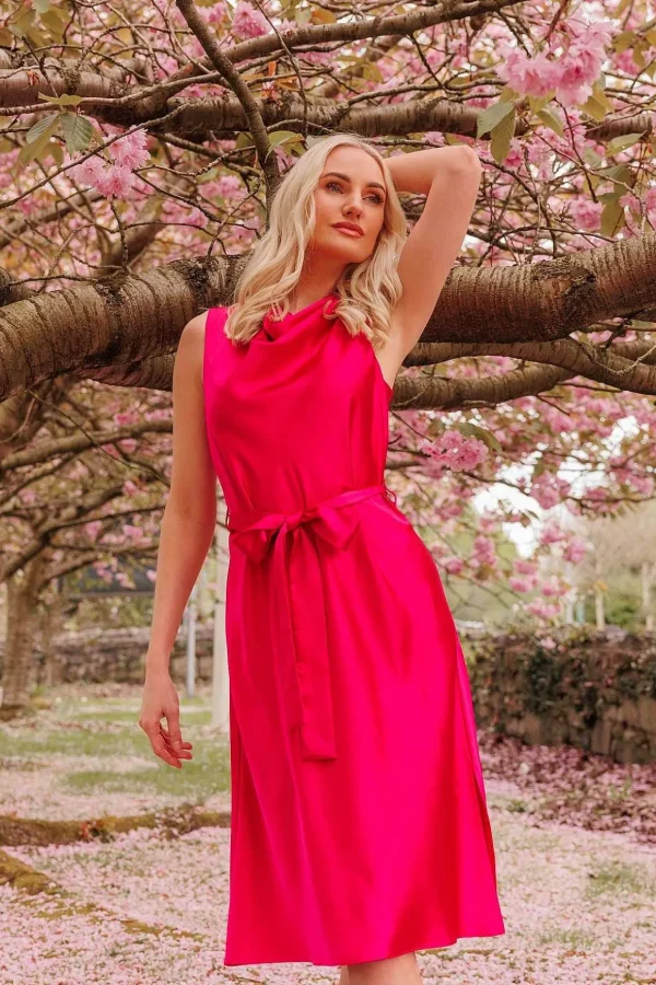 Pink Satin Cowl Neck Dress