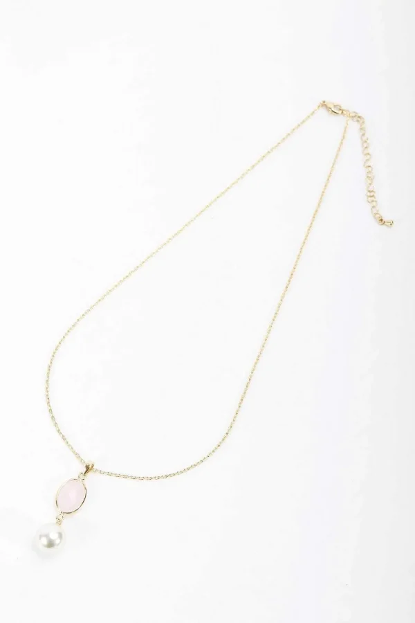 Pink Stone Drop Pearl Necklace