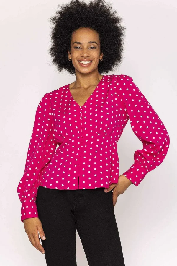 Polka Dot V-Neck Blouse In Pink