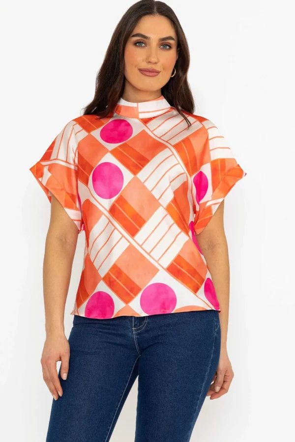 Printed High Neck Sateen Top In Orange