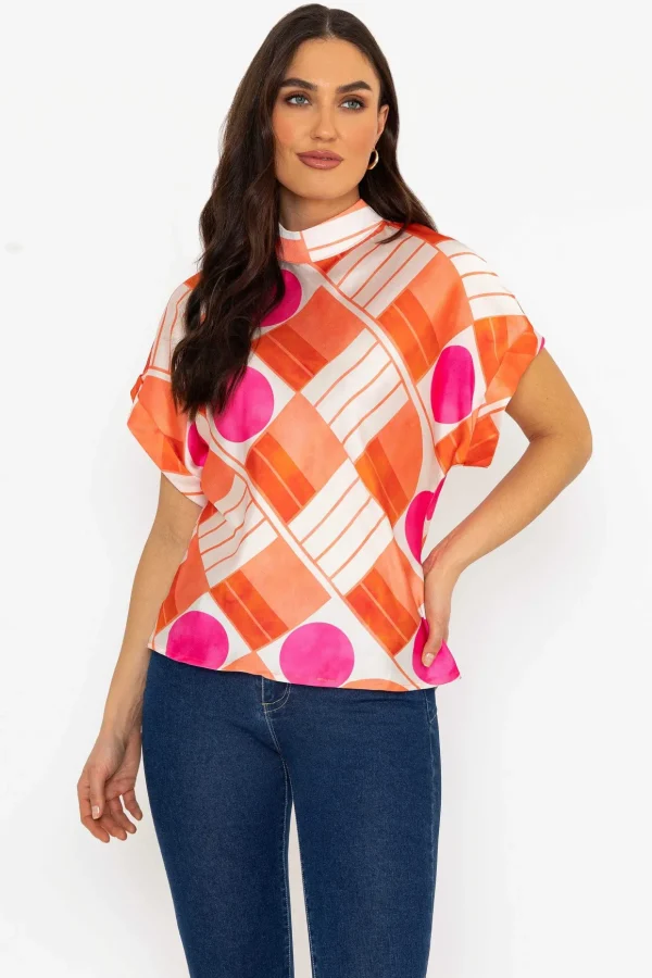 Printed High Neck Sateen Top In Orange