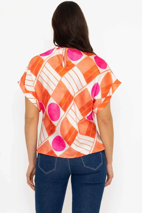 Printed High Neck Sateen Top In Orange