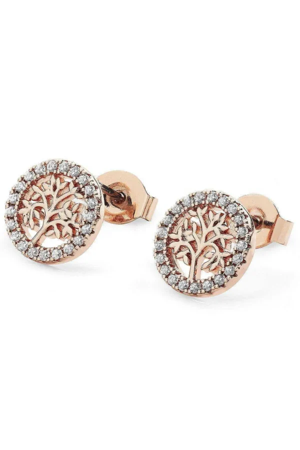 Rose Gold Tree And Cz Circle Stud Earrings