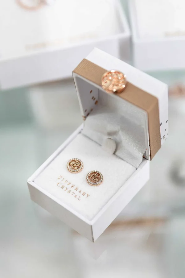 Rose Gold Tree And Cz Circle Stud Earrings