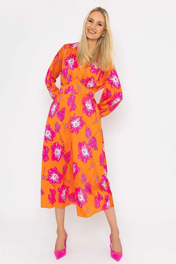 Sateen Cliodhna Midi Dress In Orange