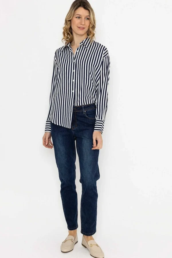 Satin Stripe Shirt In Navy