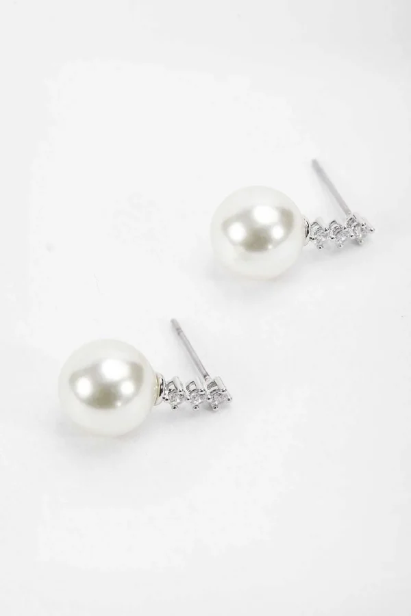 Silver Tone Diamante Pearl Earrings