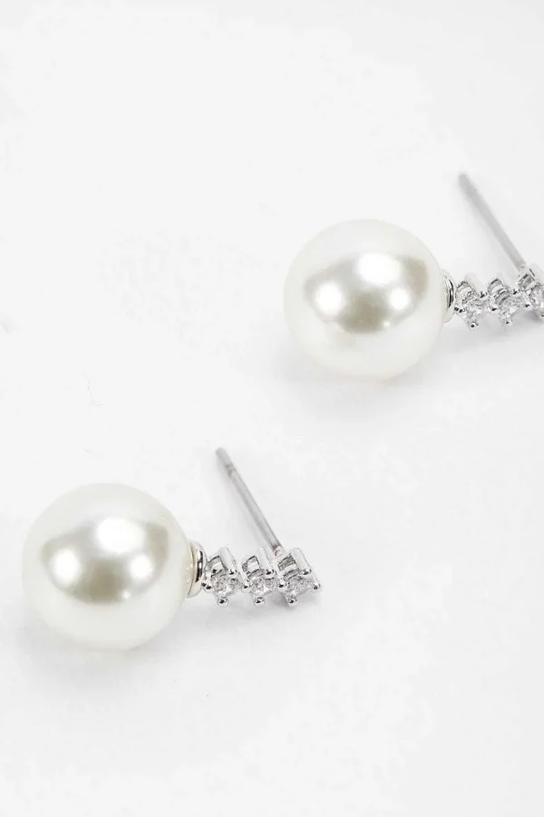 Silver Tone Diamante Pearl Earrings