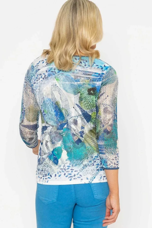 3/4 Sleeve Printed Round Neck Top In Aqua