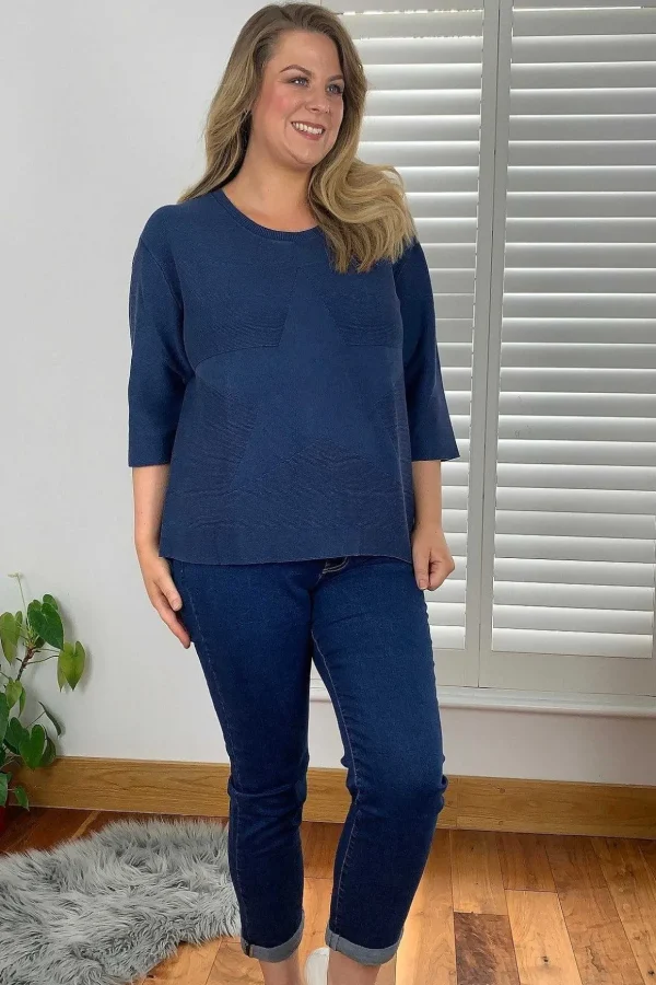 3/4 Sleeve Star Knit Sweater In Dark Blue