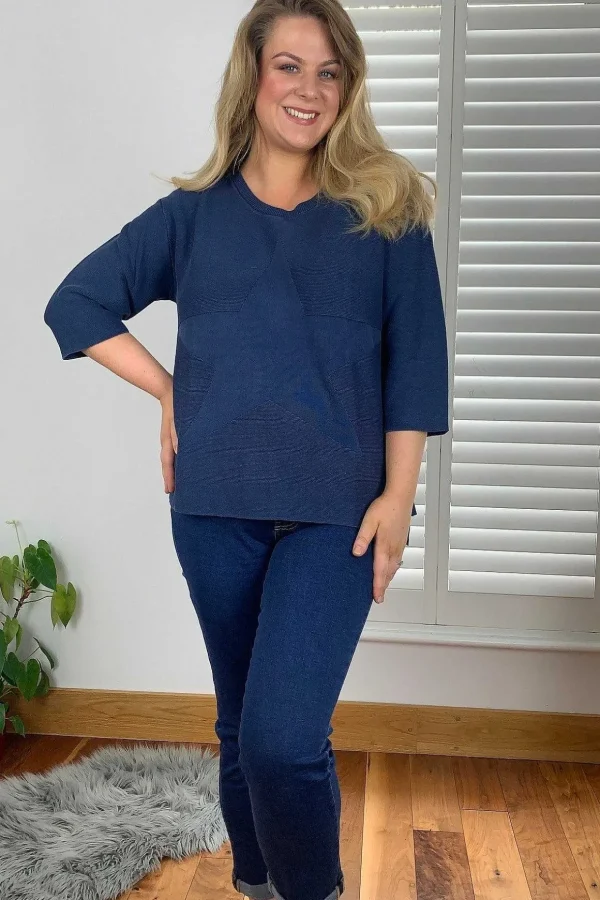 3/4 Sleeve Star Knit Sweater In Dark Blue