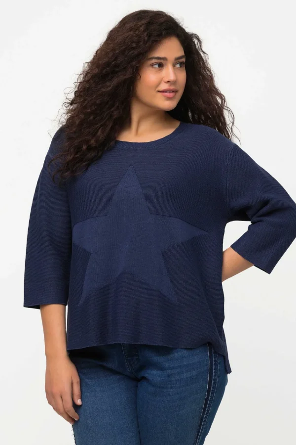 3/4 Sleeve Star Knit Sweater In Dark Blue