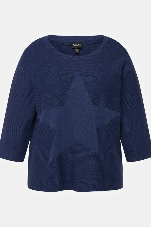 3/4 Sleeve Star Knit Sweater In Dark Blue