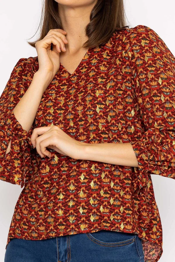 V Neck Tie Sleeve Top In Multi Print