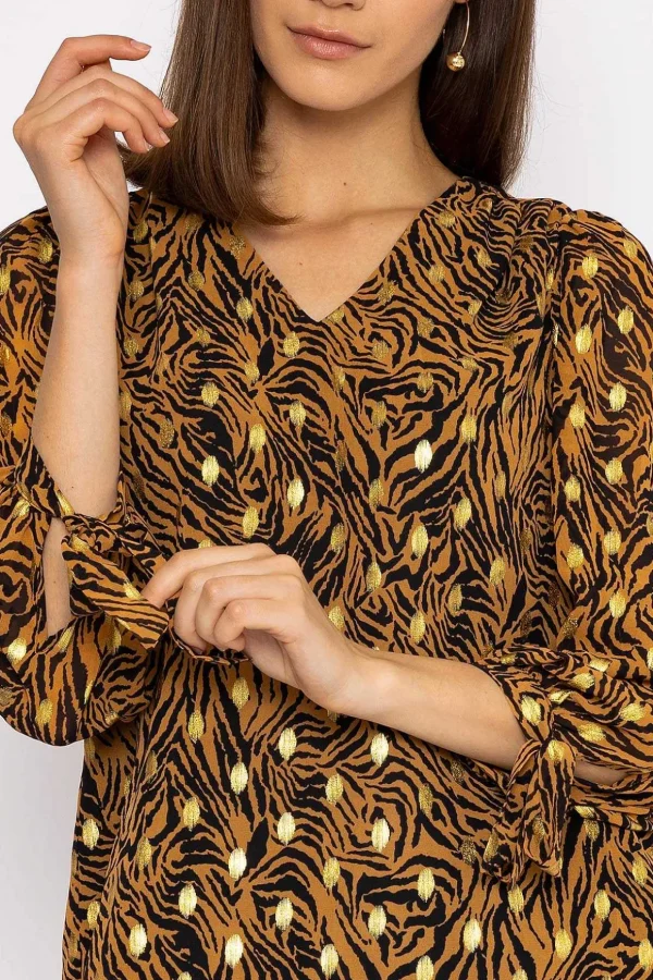 V Neck Tie Sleeve Top In Gold Animal Print