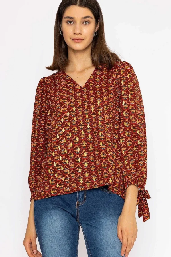 V Neck Tie Sleeve Top In Multi Print