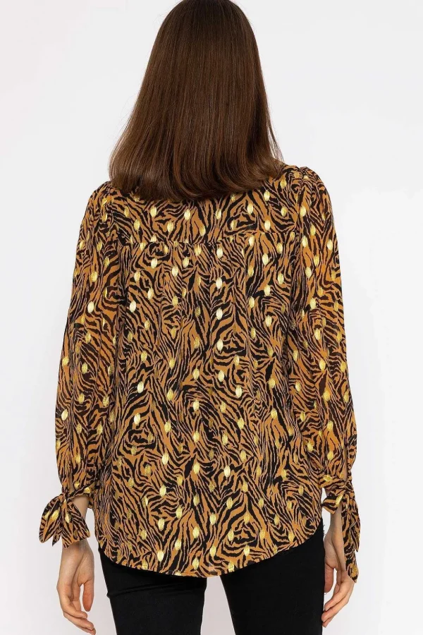 V Neck Tie Sleeve Top In Gold Animal Print