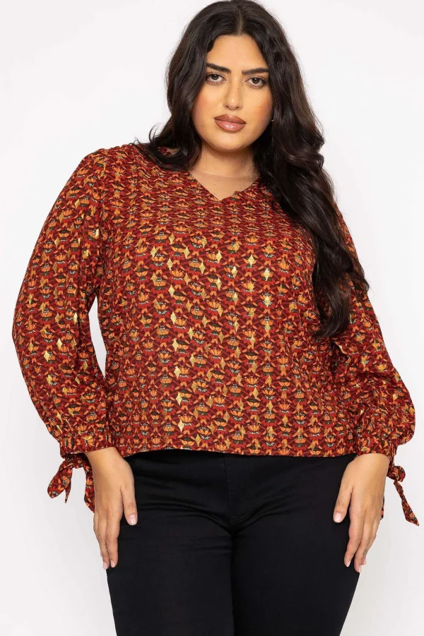 V Neck Tie Sleeve Top In Multi Print