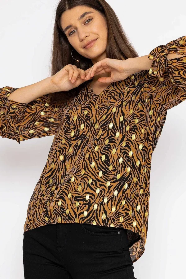 V Neck Tie Sleeve Top In Gold Animal Print