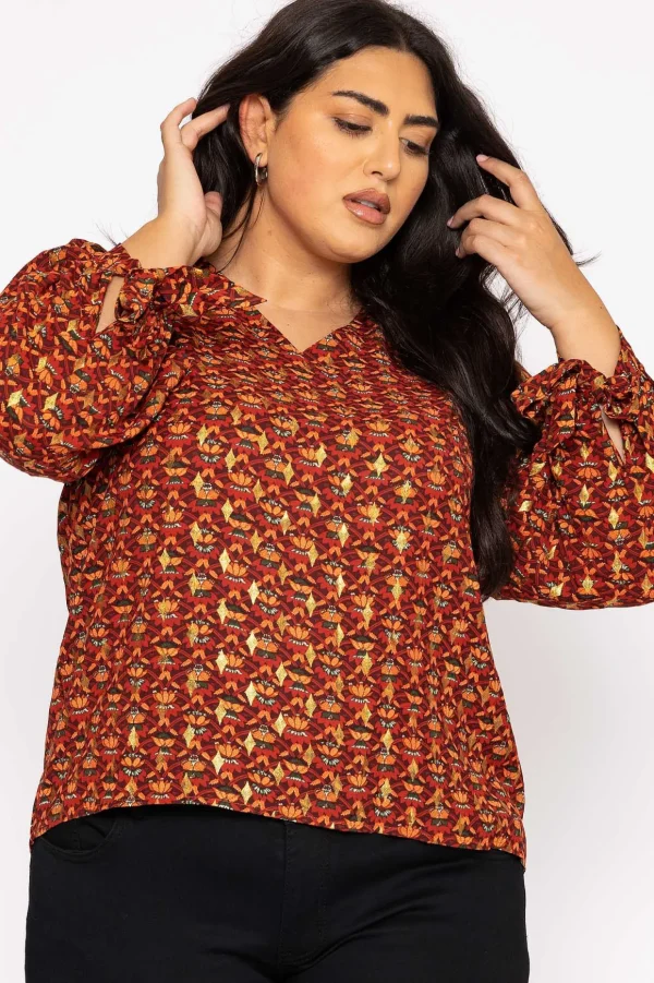 V Neck Tie Sleeve Top In Multi Print