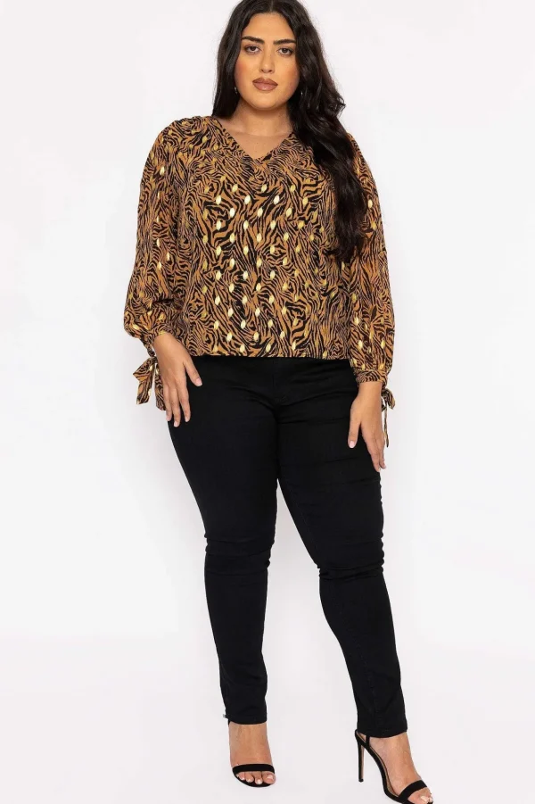 V Neck Tie Sleeve Top In Gold Animal Print