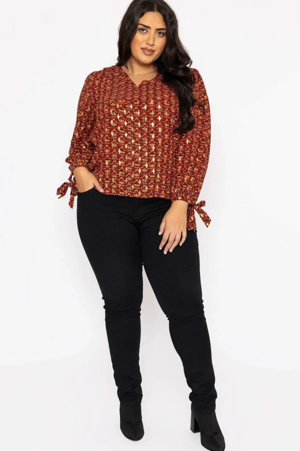 V Neck Tie Sleeve Top In Multi Print