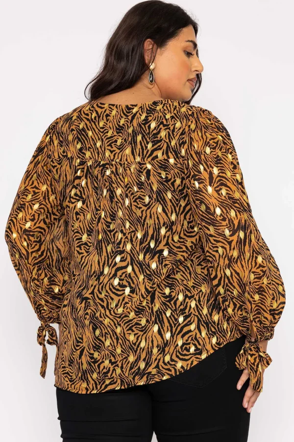 V Neck Tie Sleeve Top In Gold Animal Print