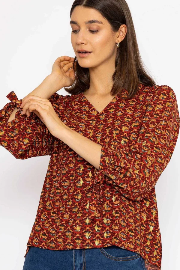 V Neck Tie Sleeve Top In Multi Print