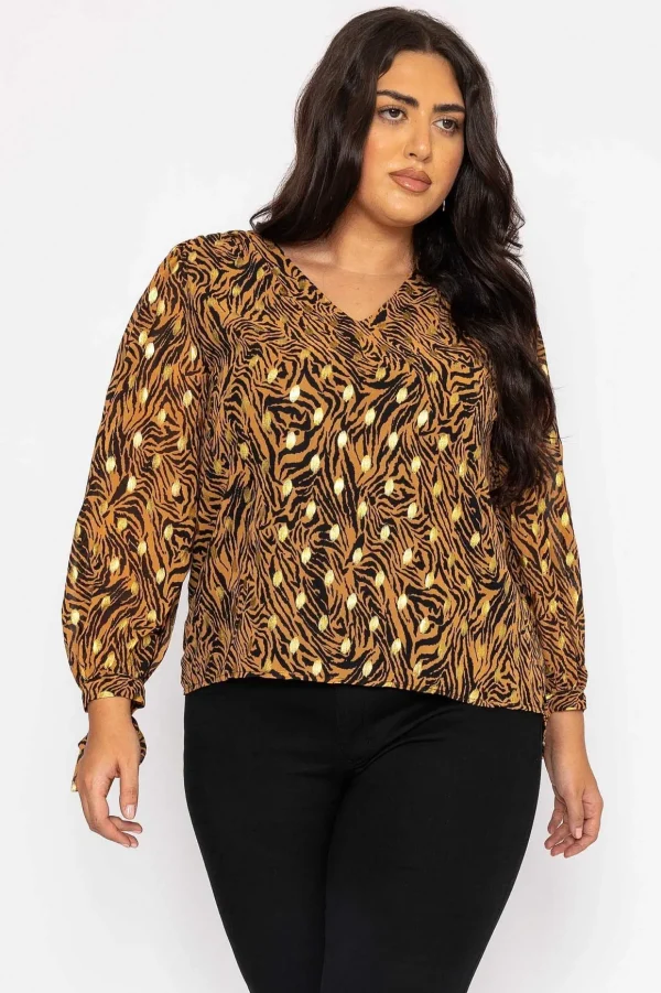 V Neck Tie Sleeve Top In Gold Animal Print