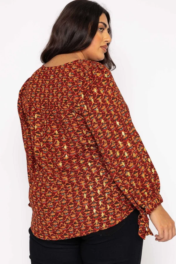 V Neck Tie Sleeve Top In Multi Print