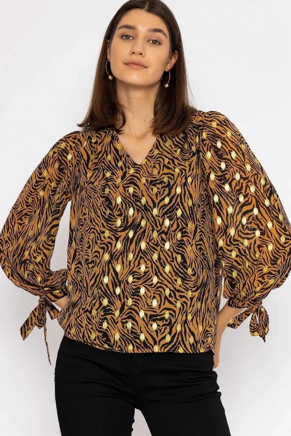 V Neck Tie Sleeve Top In Gold Animal Print