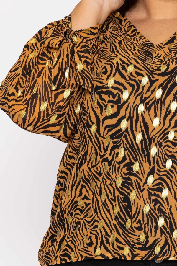 V Neck Tie Sleeve Top In Gold Animal Print