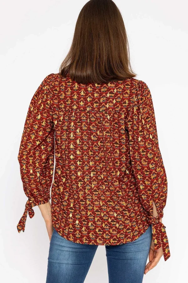 V Neck Tie Sleeve Top In Multi Print