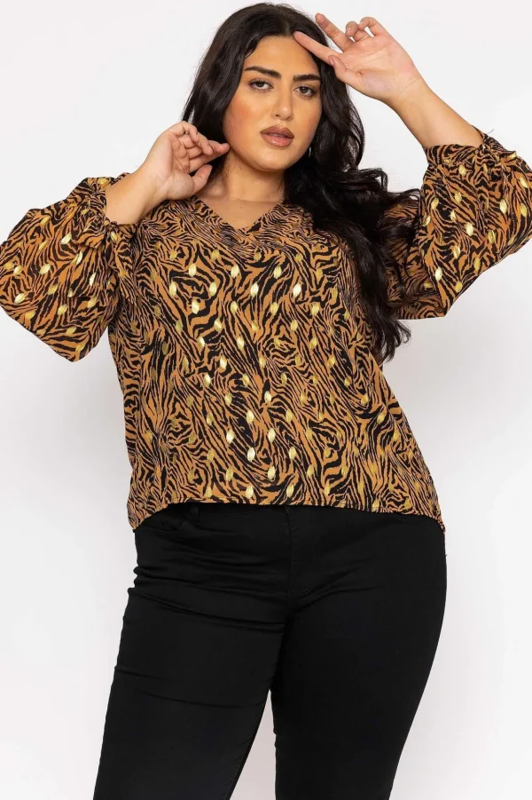 V Neck Tie Sleeve Top In Gold Animal Print