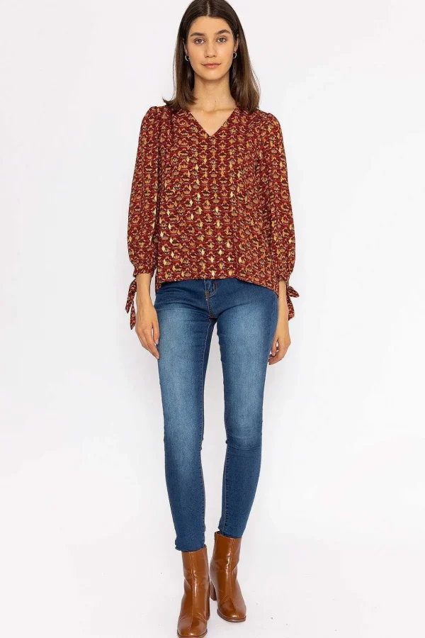 V Neck Tie Sleeve Top In Multi Print