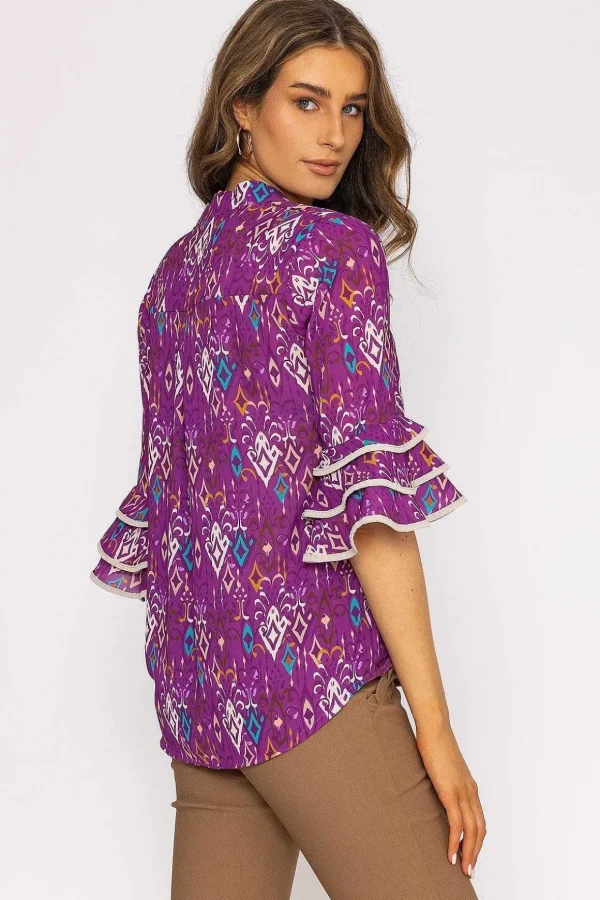 V-Neck Frill Sleeve Top In Magenta Print