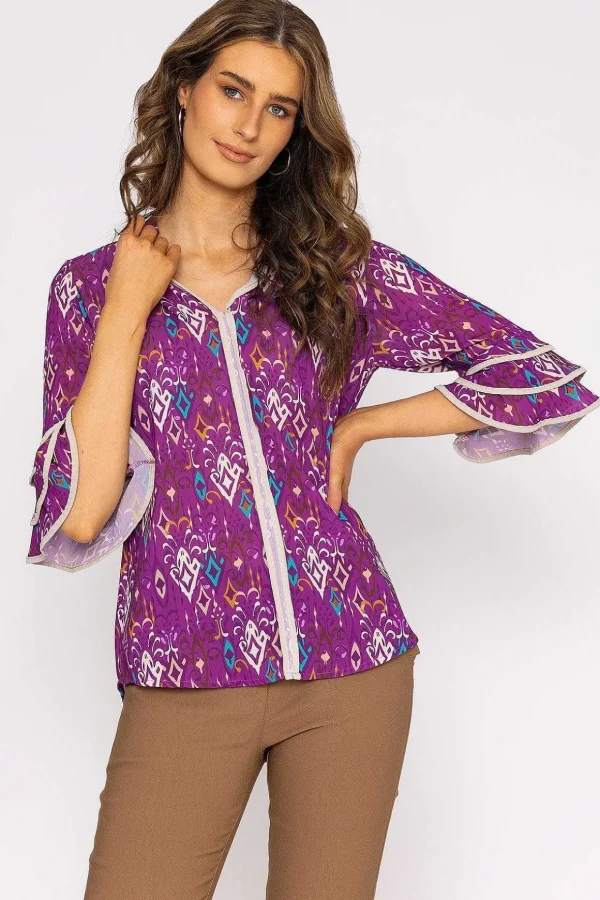 V-Neck Frill Sleeve Top In Magenta Print