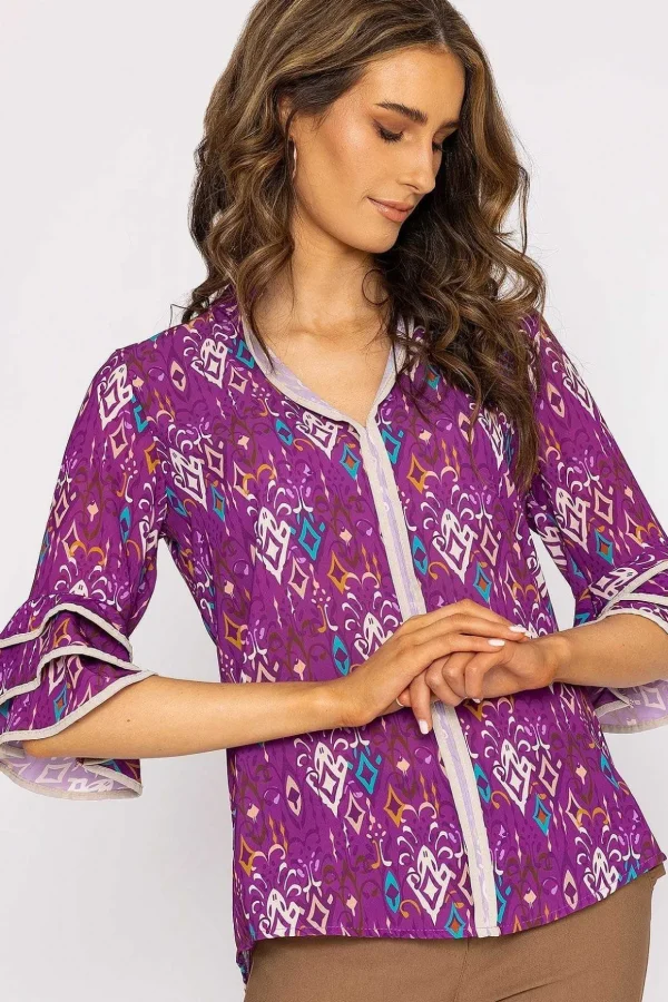 V-Neck Frill Sleeve Top In Magenta Print