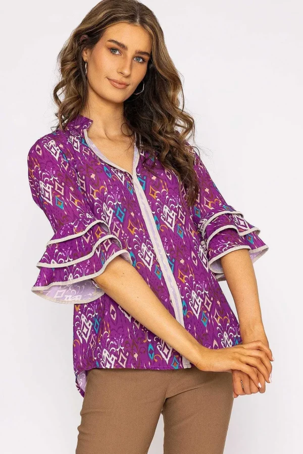 V-Neck Frill Sleeve Top In Magenta Print