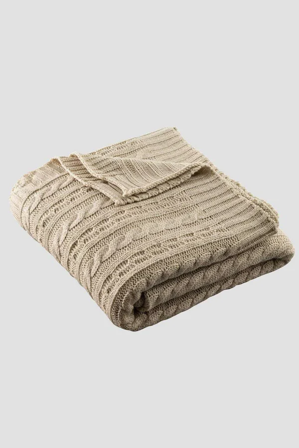 Warm Grey Aran Knit Throw