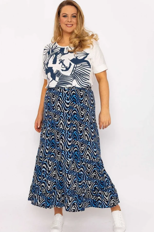 Wave Print Long Skirt In Navy