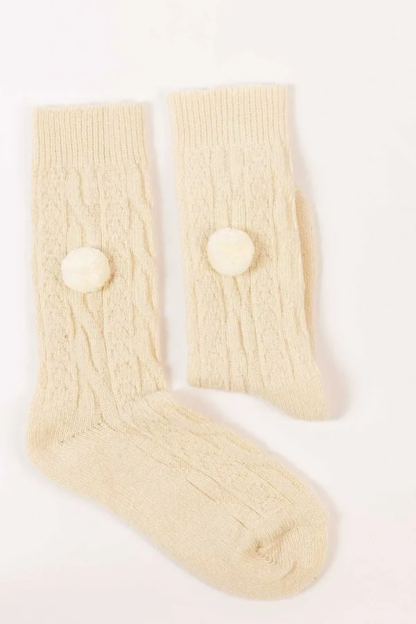 Wool Blend Pom Pom Socks In Cream